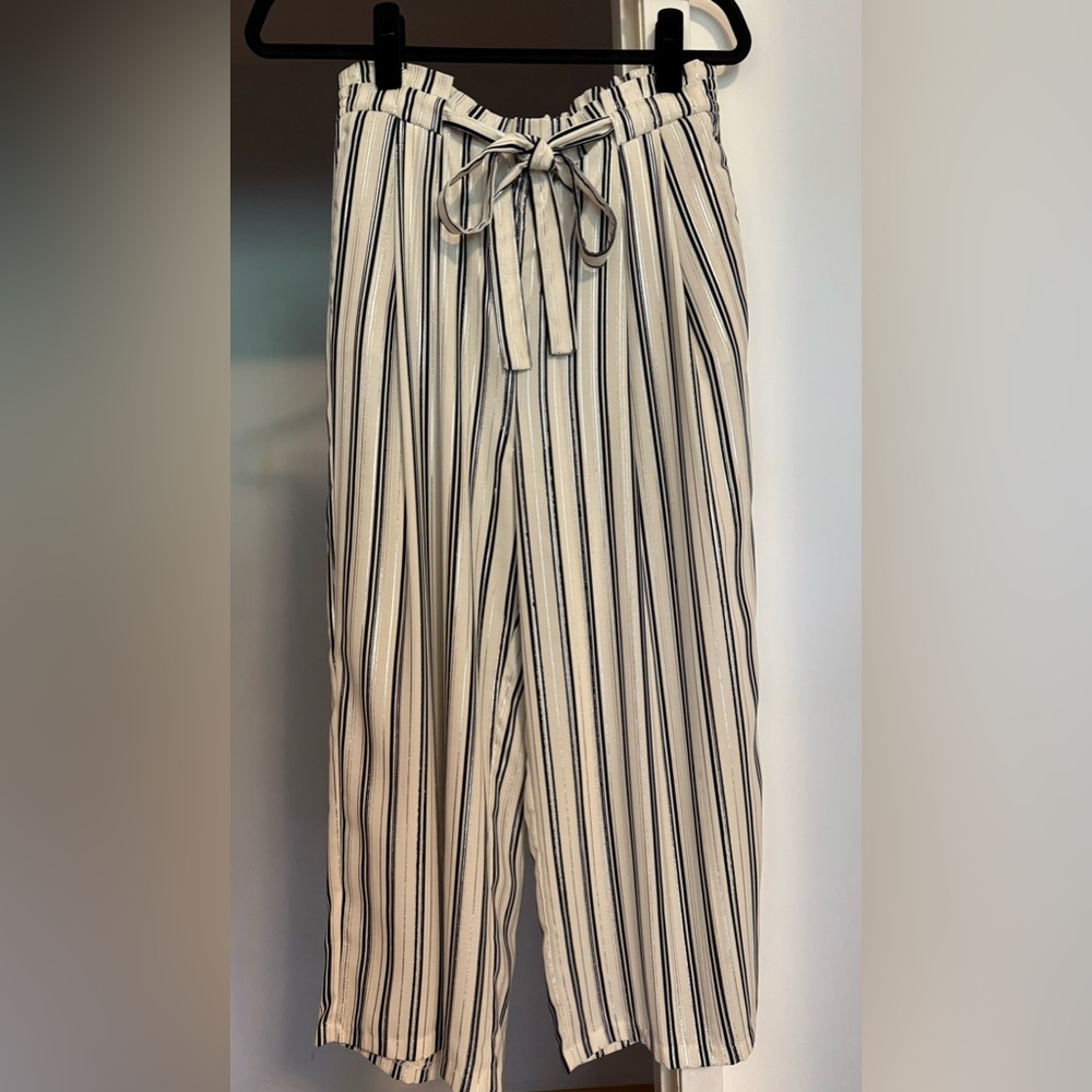 Zara Cream, Navy and Silver Striped Wide Leg Pants
